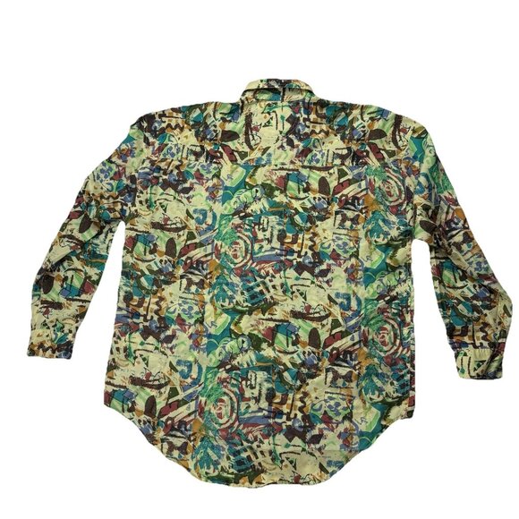 Vintage SUBSTUDIO Mens S Green Abstract Art Silk Button Up Long Sleeve Shirt 90s - Picture 2 of 6